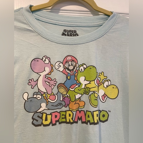 Super Mario Size 2XL Light Blue Graphic Print Logo Short Sleeve Tee Shirt Yoshi - Picture 2 of 9